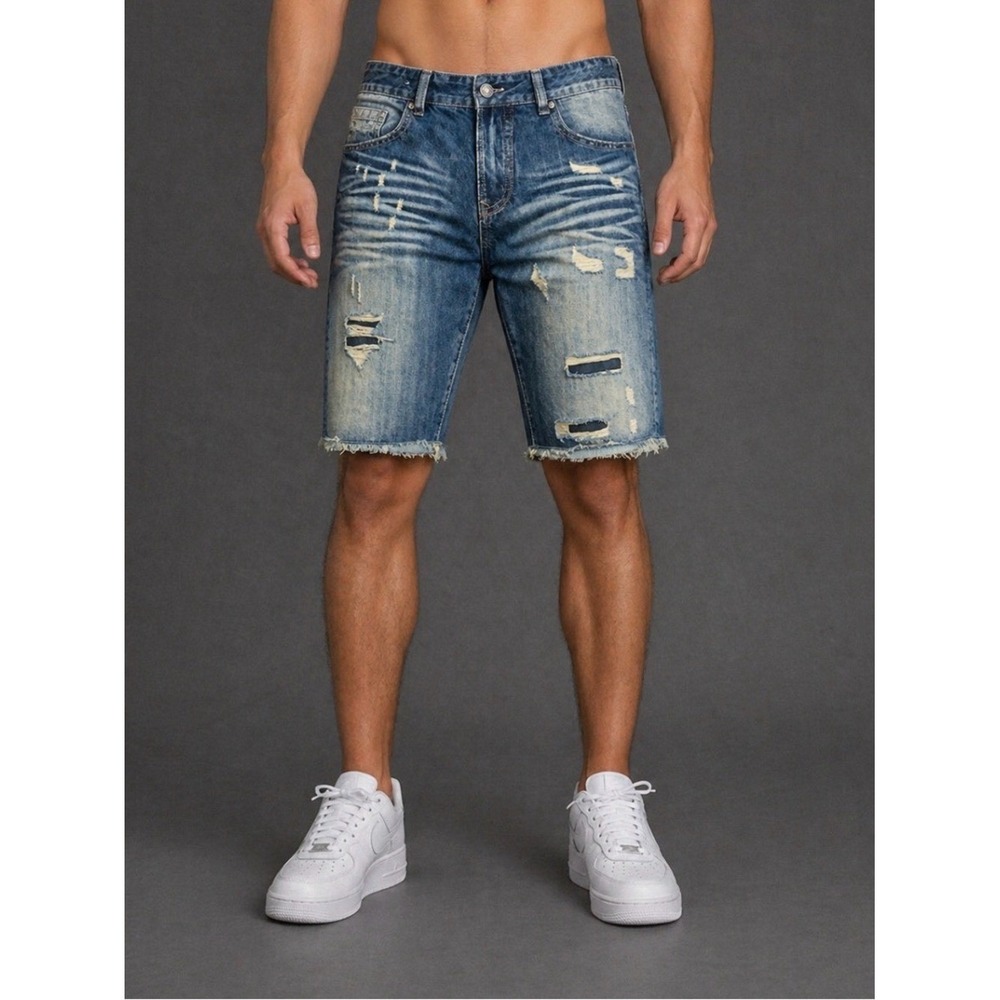 Rivet De Cru Distressed Blue Denim Men's Shorts